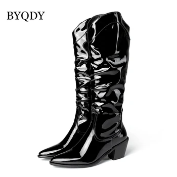 BYQDY a Subliniat Toe Copita Tocuri Cizme de Ploaie Plus 46 Solid PU Coapsei Cizme Înalte Negre, Plisate Pantofi Femei Cizme Genunchi Ridicat Pentru Lucrător