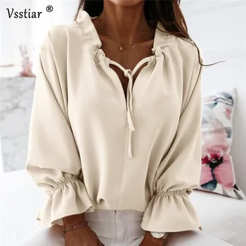 2020 Bluza Eleganta Femei Sexy V-Neck Casual Streetwear Plus Dimensiune Bluza De Moda Dantelă Sus Flare Sleeve Solid Bluze