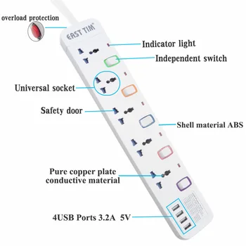 Multifuncționale inteligente pluton de protecție la trăsnet de protecție la suprasarcină de remorcare sârmă bord 4USB 3.2 UN încărcător rapid de Cablu de 1,5 M