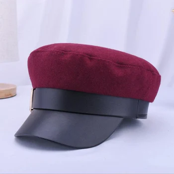 Ymsaid 2018 Noi Doamnelor Negru Capac Militar Fashion tv cu Pălărie de Top Femei Toamna Iarna Cald Îngroșarea Piele PU Os Capac de vânzător de ziare