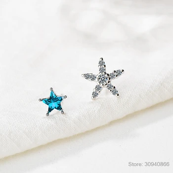 Noua Moda Argint 925 Cu Zircon Albastru Drăguț Cristal Stele Stud Cercei Pentru Femeile De Sex Feminin Bijuterii Cadou De Ziua Picătură De Transport Maritim