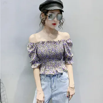 Franceză Retro Pătrat Guler Violet Șifon Bluza Femei coreea Style Moda Sexy Backless Foldas Femei Tricou Top de Vară 2021
