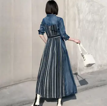 Primavara-vara noi denim stripe împletit Tencel rever maneca trei sferturi cămașă de blugi big swing rochie lunga