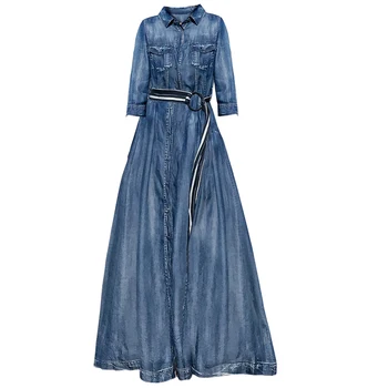 Primavara-vara noi denim stripe împletit Tencel rever maneca trei sferturi cămașă de blugi big swing rochie lunga