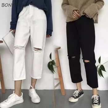 Blugi Femei Primavara-Vara la Modă Simplu coreea Style All-meci Solid Gaura Moale Talie Mare Streetwear Femei Pantaloni Casual Chic