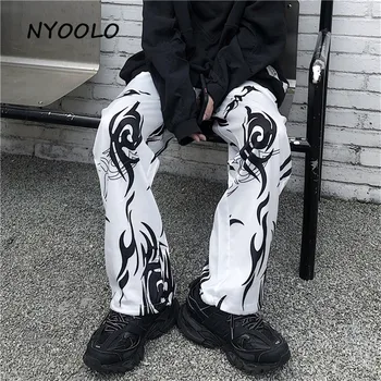 NYOOLO Casual streetwear Totem imprimare jogger pants femei bărbați Harajuku Epocă de libertate elastic talie hip-hop, punk pantaloni drepte