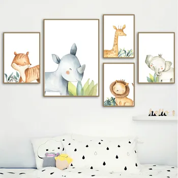 Drăguț Fox Rinocerul, Girafa, Elefant Planta Arta De Perete Panza Pictura Nordică Postere Si Printuri Poze De Perete Copilul Decor Camera Pentru Copii
