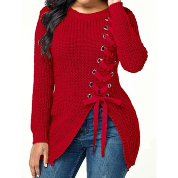 2020 Toamna-Iarna Moda Dantelă Sus Criss Cross Pulovere Femei De Moda Solid Roșu O De Gât Tricotate Plus Dimensiune Pulovere Pulovere Femei