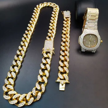 2cm Hip Hop de Culoare de Aur Gheață Miami Cubanez Lanț de Aur de Argint de Culoare Bărbați Watch& Colier & Bratara Set Hip Hop King Pentru Bărbați