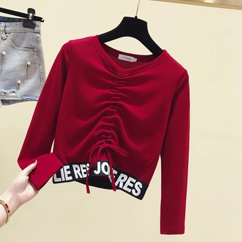 Gkfnmt Coreea Stil Sexy Crop Top Scurte T-shirt Femei Topuri de Bumbac cu Maneci Lungi Tricou Toamna Dantelă Sus Patchwork Tee Cămașă Femme