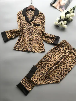 2019 Vara Femei Seturi De Pijamale Cu Pantaloni De Mătase Homewear Satin Imprimeu De Leopard Sexy Pijama Maneca Lunga, Pijamale, Pijamale Subtiri
