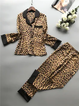 2019 Vara Femei Seturi De Pijamale Cu Pantaloni De Mătase Homewear Satin Imprimeu De Leopard Sexy Pijama Maneca Lunga, Pijamale, Pijamale Subtiri