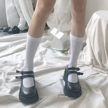 Rimocy Femei Solide Bumbac Toamna Lungime Genunchi Șosete Japoneze Elev De Școală De Fete Alb-Negru Șosete Lungi Casual Coapsei Ciorapi