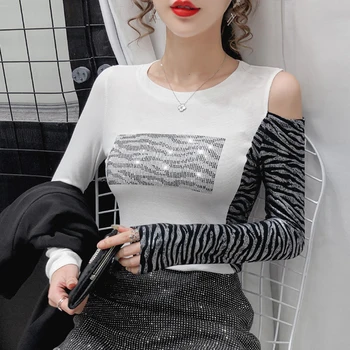 Maneca Lunga Bumbac Mozaic Model Zebra Diamant Tricou Femei Bluze T-Shirt-Coreean De Pe Umăr Tricou Femme Femeie Haine