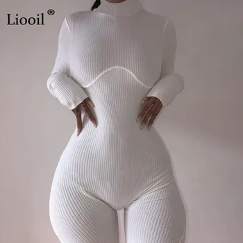 Liooil Alb Negru Sexy Bodycon Costum Femei 2021 Maneca Lunga Guler Zip-Up Party Club Salopetă Cu Nervuri Salopete Pantaloni Scurți