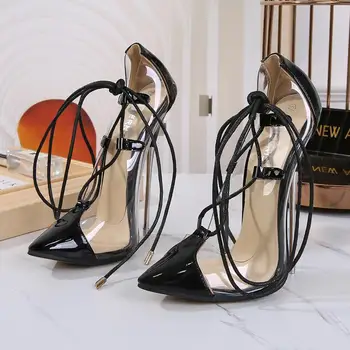 16cm tocuri pentru femei Cross-Dantela-up Pantofi de damă din Piele de Brevet Stil Roman Arată Modelul de sex Feminin pantofi Size44 Moda Stiletto din PVC
