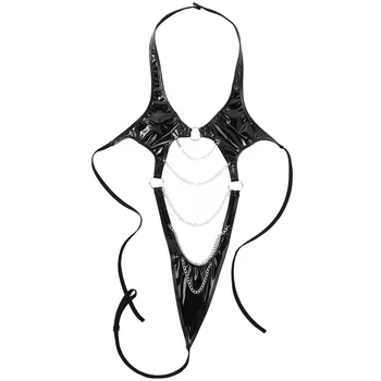 Femei Curea Tricou Body Aspect Umed din Piele de Brevet Lenjerie Ștreangul de Gât Gol în Față cu Cearșaf Lanț Backless îmbrăcăminte de noapte