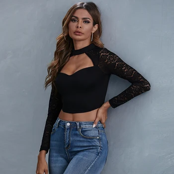 Femei Sexy Negru Bluza Gol Scăzut Tăiat Ștreangul Culturilor Topuri De Moda Dantelă Cu Maneci Lungi Skinny, Tricouri Topuri Doamnelor Bluza