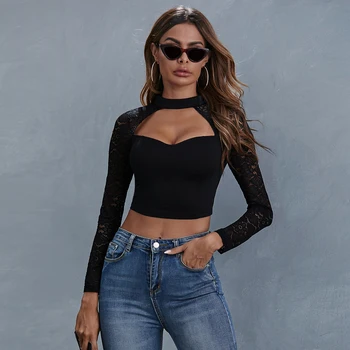 Femei Sexy Negru Bluza Gol Scăzut Tăiat Ștreangul Culturilor Topuri De Moda Dantelă Cu Maneci Lungi Skinny, Tricouri Topuri Doamnelor Bluza
