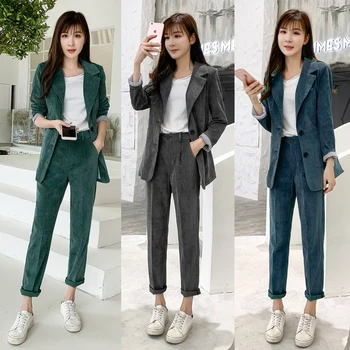 - Coreean S-XL Plus Dimensiune pantaloni de Catifea cord Toamna Sacou pentru Femei Costum Sacou Lung Strat+Butonul Creion Pantaloni Set de Două Piese Costum de Primăvară 2020