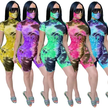 Zoctuo Tie Dye Print Salopetă pentru Femei Guler pantaloni Scurți Maneca Costum pentru Femei Sexy, de Vară 2020 Femei Casual Romper Moda