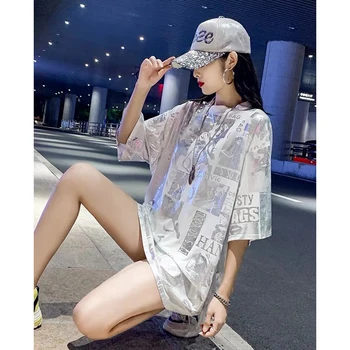 Cotday Maneci Scurte Gât O Scrisoare De Design Streetwear 2020 Moda Pierde Strălucitor Harajuku Femei Vara Gotic Matase De Gheață T Shir