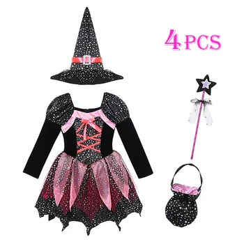 Costum de Halloween pentru Fete Vrăjitoare Elfi Cosplay Dress Copii Set Costum, Cu Pălărie, Geantă Baghetă Magică Petrecere Mascarada Carnaval Haine