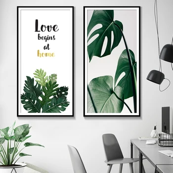 Stil Nordic Canvas Wall Art Print Pictura Iubirea Începe Acasă Poster Natura Florale Tropicale Text Frunze Verzi Poze De Perete