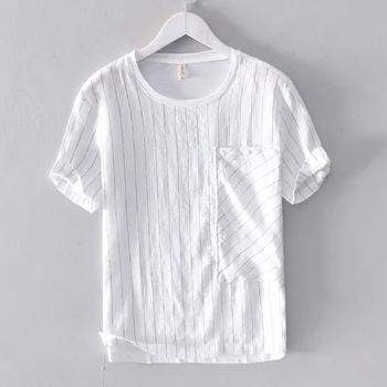2019 Bărbați lenjerie de pat împletit cu dungi cu mânecă scurtă t-shirt solide de vara tricou alb barbati moda topuri tricou masculin camisa combinezon