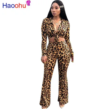 Sexy Leopard Două Piese Utilaje Maneca Lunga Bandaj Crop Top+Pantaloni Flare Set Streetwear Toamna 2019 Femei Festivalul De Îmbrăcăminte