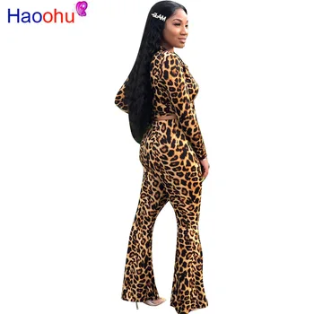Sexy Leopard Două Piese Utilaje Maneca Lunga Bandaj Crop Top+Pantaloni Flare Set Streetwear Toamna 2019 Femei Festivalul De Îmbrăcăminte