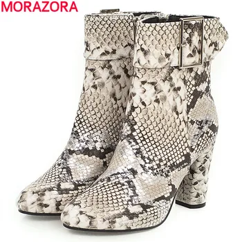 MORAZORA Plus dimensiune 34-43 Nou glezna cizme pentru femei pantofi cataramă șarpe imprimate cu fermoar tocuri groase de toamna cizme de iarna femei