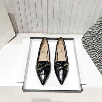Designer de lux Apartamente Pantofi Femei Balerini Negri Femeie Metal Decor de Pantofi Deget a Subliniat Mocasini Maro Alunecare pe Pantofi Casual Femei