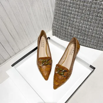Designer de lux Apartamente Pantofi Femei Balerini Negri Femeie Metal Decor de Pantofi Deget a Subliniat Mocasini Maro Alunecare pe Pantofi Casual Femei