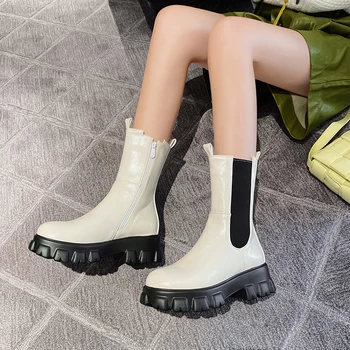 Interior-Creșterea cu Talpi Groase Microfibră Cusut Banda Elastica la Jumătatea Vițel Cizme PU Toamna Și Iarna Moda Cald Pantofi pentru Femei