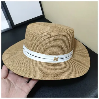 2020 M Scrisoare Flat Top Pălărie de Paie cu Panglică Luntraș Plaja palarie de Vara pentru Femei Wide Brim Fedora M Panama din Paie de Călătorie Soare Capac Gorras