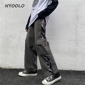 NYOOLO Harajuku Epocă buzunare mari Paisley mozaic direct pantaloni Casual streetwear elastic talie hip hop negru pantaloni jogger