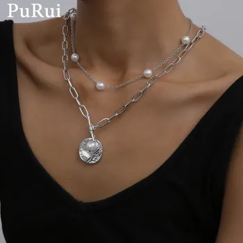 PuRui Baroc Pearl Pandantiv Moneda Cravată Colier pentru Femei de Aur de Culoare Lanț Lung Colier Gotic Epocă Stratificat Bijuterii Perla