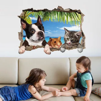 ZHYHGO Cameră decor 3D autocolant de perete Drăguț 3d stereo de pisică și de câine Acasă rupt art deco poster autocolante de perete pentru camere de copii