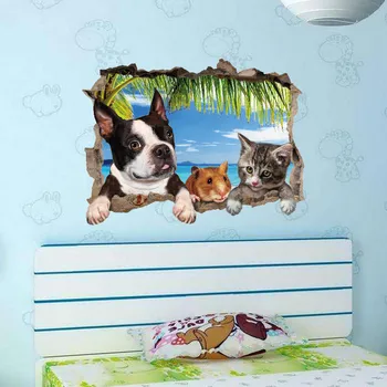 ZHYHGO Cameră decor 3D autocolant de perete Drăguț 3d stereo de pisică și de câine Acasă rupt art deco poster autocolante de perete pentru camere de copii