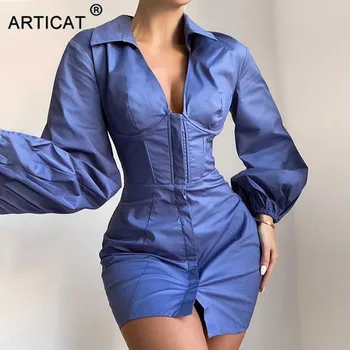 Articat Adânc V-gât Rochie de Femei Solidă Maneca Lunga Talie Mare Mini-Rochie pentru Femei Primavara Slab Singur Pieptul Streetwear Vestidos