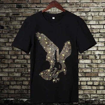 Anglia Stil Lux Tricou Om Diamond Print cu Maneci Scurte T-shirt pentru Bărbați de Vară de moda Stras tricou