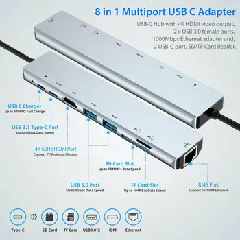 8 in1 USB-C La C de Tip Dual USB 3.0 Hub HDMI Ethernet RJ45 Micro SDTF Adaptor OTG