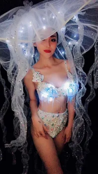 Sexy Perle Albe Bikini Femei Costum a CONDUS Cristale Sutien Pălărie Bar Club de noapte Scena Tinutele de Podium Model de DJ Performance de Dans Uzura
