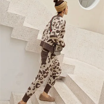 Leopard de imprimare o-gât pulover costum de moda streetwear largi tricotate set de două piese 2020 toamna iarna cu maneca lunga top si pantaloni