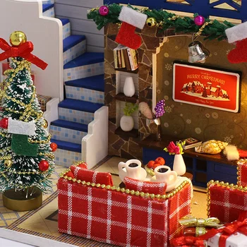 WINCOTEK de Lemn casă de Păpuși Kituri Albastru Crăciun DIY casă de Păpuși în Miniatură Mobilier Casa Papusa pentru Copii Cadou Mai bun de Colectare de Jucării