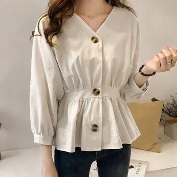 Femei Culoare Solidă Slim Butonul Bluza De Moda Cu Maneci Lungi V-Neck Cămașă Casual, Bluze