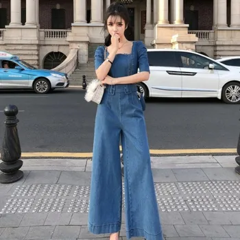 Moda Pentru Femei Vintage Denim Picior Salopeta 2020 Pătrat Guler Belted Vrac Se Potrivi O Piesă Retro Cargo Blugi Salopete Salopete