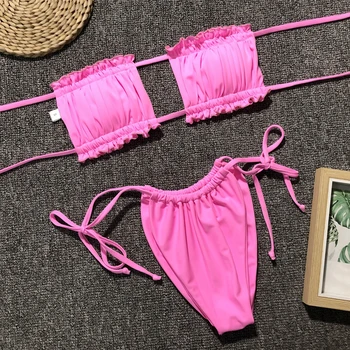 Talie joasa bandaj roz costume de baie zburli înot bikini brazilian tanga costum de baie, costume de baie bikini sexy mini micro strapless set