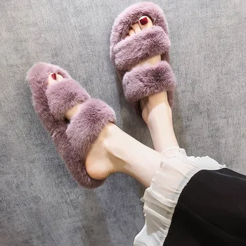 BOGAT în 2020, Noi Femeile Papuci de Blană Pufos Plat Pantofi de Iarnă Acasă Papuci de Moda Confortabil Alunecare pe Leneș Blana Groasă Diapozitive